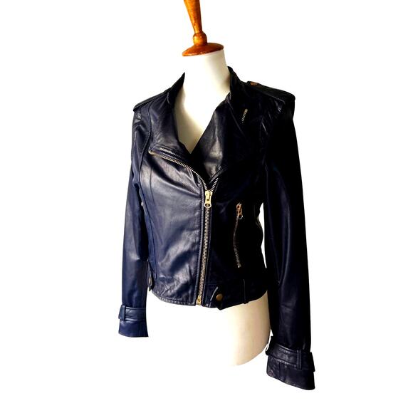 Kookai Paris Genuine Leather Biker Jacket Navy Blue Size 38 New With Tags - Picture 3 of 10